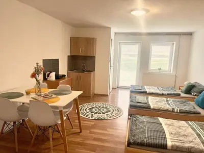 a room with a table and a bed and a kitchen at Ubytování na venkově Církvice in Zásmuky