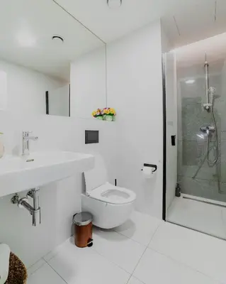 a white bathroom with a toilet and a shower at Jasminn Apartments in Prague