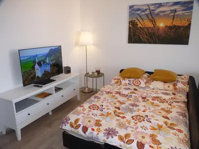 a bedroom with a bed and a television on a dresser at Apartmán Trilobit in Beroun