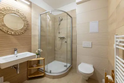 a bathroom with a shower and a toilet and a sink at Penzion Rodos - Café in Prague