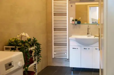 a bathroom with a sink and a mirror at Naru house 6 in Prague