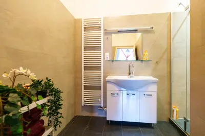 a bathroom with a sink and a mirror at Naru house 6 in Prague