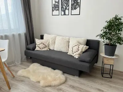 a living room with a couch and a rug at Sunny minimalistic flat near metro Opatov in Prague