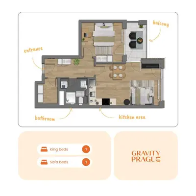 a floor plan of a small apartment with furniture at Design Apartment - Balcony, Free Parking, Yoga, 10 mins to center, by Gravity Prague in Prague