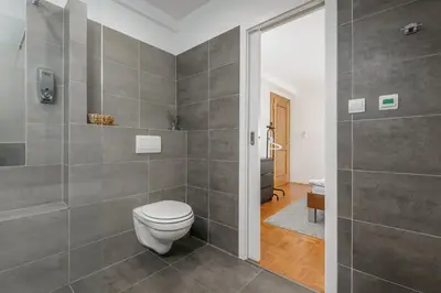 a bathroom with a toilet and a shower at ROY 2 bdr Apartment with Prague Castle View, Parking & AC in Prague