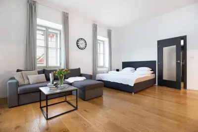 a living room with a bed and a couch at U Zlaté hvězdy Kalich in Litoměřice