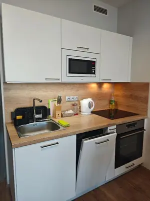 a kitchen with white cabinets and a sink at Comfort flat with great location in Prague