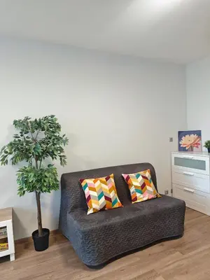 a living room with a couch with two colorful pillows at Comfort flat with great location in Prague