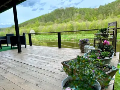 a wooden deck with potted plants on it at Chata Markétka in Křivoklát