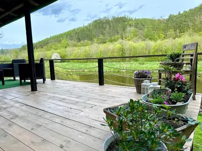 a deck with potted plants and a view of a mountain at Chata Markétka in Křivoklát