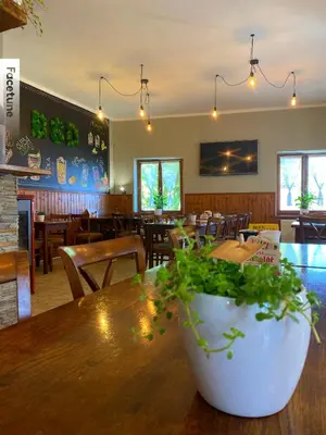 a dining room with a table with a plant on it at Penzion BeSeDa in Bratronice