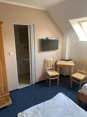 a room with a bed and two chairs and a television at Penzion BeSeDa in Bratronice
