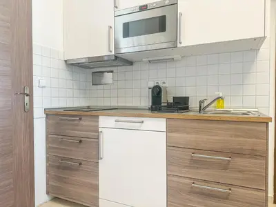 a kitchen with a sink and a stove top oven at Calm Wenceslas Square Apartment in Prague