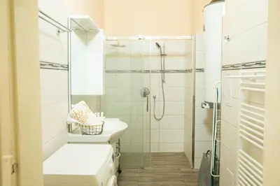 a white bathroom with a shower and a sink at Cozy flat by Wenceslas Square! in Prague