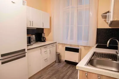 a small kitchen with white cabinets and a sink at Cozy flat by Wenceslas Square! in Prague