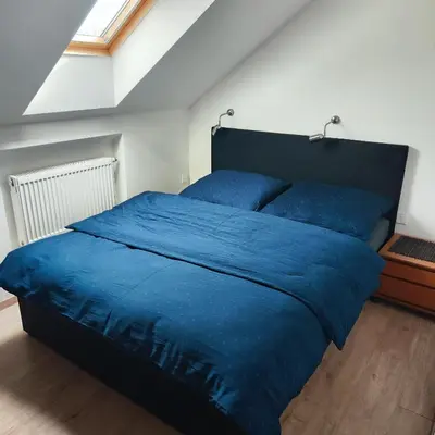a bedroom with a blue bed with two blue pillows at Apartmán Ptice in Ptice