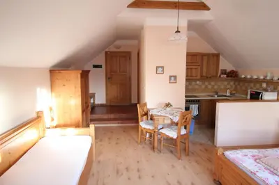 a kitchen and living room with a table and chairs at Penzion Na Statku in Starý Vestec