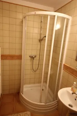 a bathroom with a shower and a sink at Penzion Na Statku in Starý Vestec