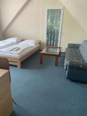a bedroom with a bed and a chair and a table at Hotel U Císaře in Mirošovice