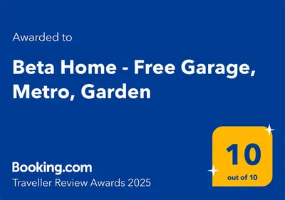 a yellow sign with the words beta home fire garage and a free garagezaza at Beta Home - Free Garage, Air Condition, Garden, at Metro, 2nd parking on request in Prague