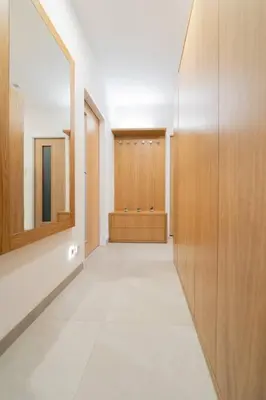 a hallway with wooden cabinets and a mirror at Apartmán Praha Žižkov - DZ RENT in Prague