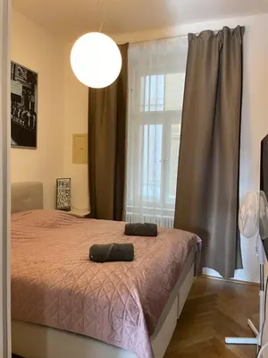 a bedroom with a bed and a window at River View Apartment MANES in Prague