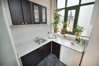 a small kitchen with a sink and a window at Hotel Esprit in Prague