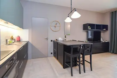 a kitchen with a black island in a room at Prague apartment Spalena in Prague