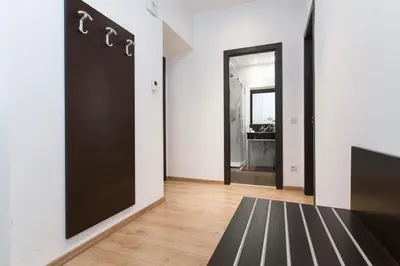 a hallway with a large black door in a room at Riverside Palace Suites in Prague