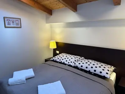 a bedroom with a bed with a black and white pillow at Riverside Palace Suites in Prague