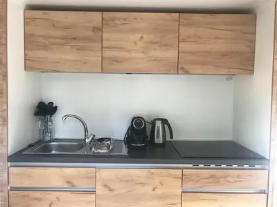 a kitchen with a sink and wooden cabinets at Marina&Glamping Nova Zivohost in Neveklov