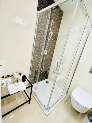 a bathroom with a shower and a toilet at Cozy Design Homestay right next to Wenceslas Square in Prague