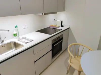 a small kitchen with a sink and a counter top at Central Studio with Private Courtyard in Prague