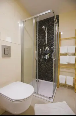 a bathroom with a shower and a toilet in it at Central Studio with Private Courtyard in Prague