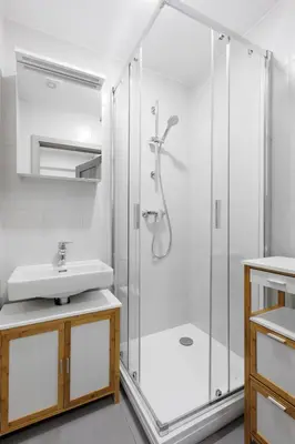 a bathroom with a shower and a sink at 2 bedrooms apartment near the metro in Prague