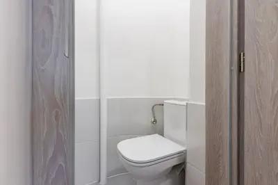 a bathroom with a white toilet and a wooden door at 2 bedrooms apartment with kitchen near the subway in Prague