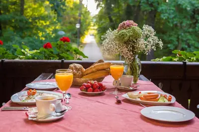 a table with a pink table cloth with food and drinks at Penzion Obora in Poděbrady