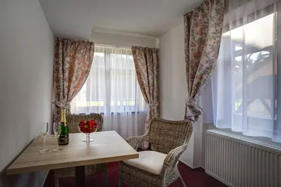 a dining room with a table and chairs and a window at Penzion Obora in Poděbrady
