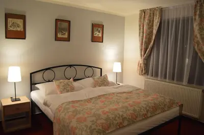 a bedroom with a bed and two lamps and a window at Penzion Obora in Poděbrady