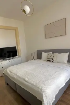 a bedroom with a large bed and a mirror at Útulný byt v centru Prahy in Prague