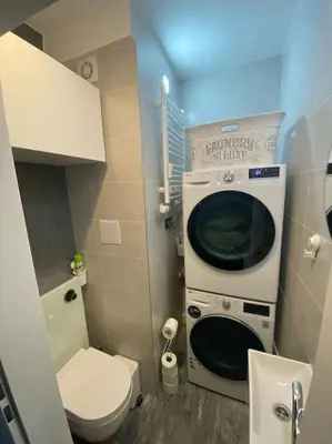 a small bathroom with a toilet and a washing machine at Apartment Střížkov in Prague