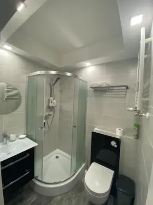 a bathroom with a shower and a toilet and a sink at Apartment Střížkov in Prague