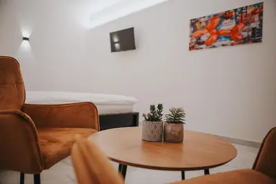 a room with a table and two chairs and a bed at Zizkoff apartments in Prague