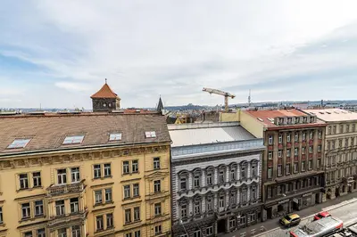 an aerial view of a city with buildings at Top Floor Industrial Apartment with a River View in Prague