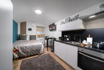 a bedroom with a bed and a kitchen with a sink at Secret Budget Studio Oasis in Prague