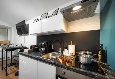 a kitchen with a sink and a counter top at Secret Budget Studio Oasis in Prague