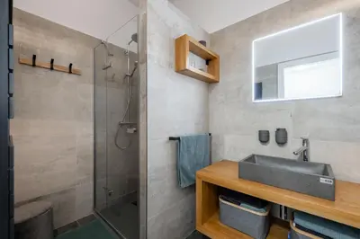a bathroom with a sink and a shower at Family Flat Bartolomejska in Prague