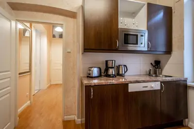 a kitchen with a counter top and a microwave at Rose Ruterra Suite in Prague