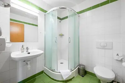 a bathroom with a shower and a sink and a toilet at Centrum Mariapoli in Prague