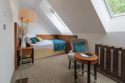 a bedroom with a bed and a desk and a chair at Hotel Silenzio in Prague